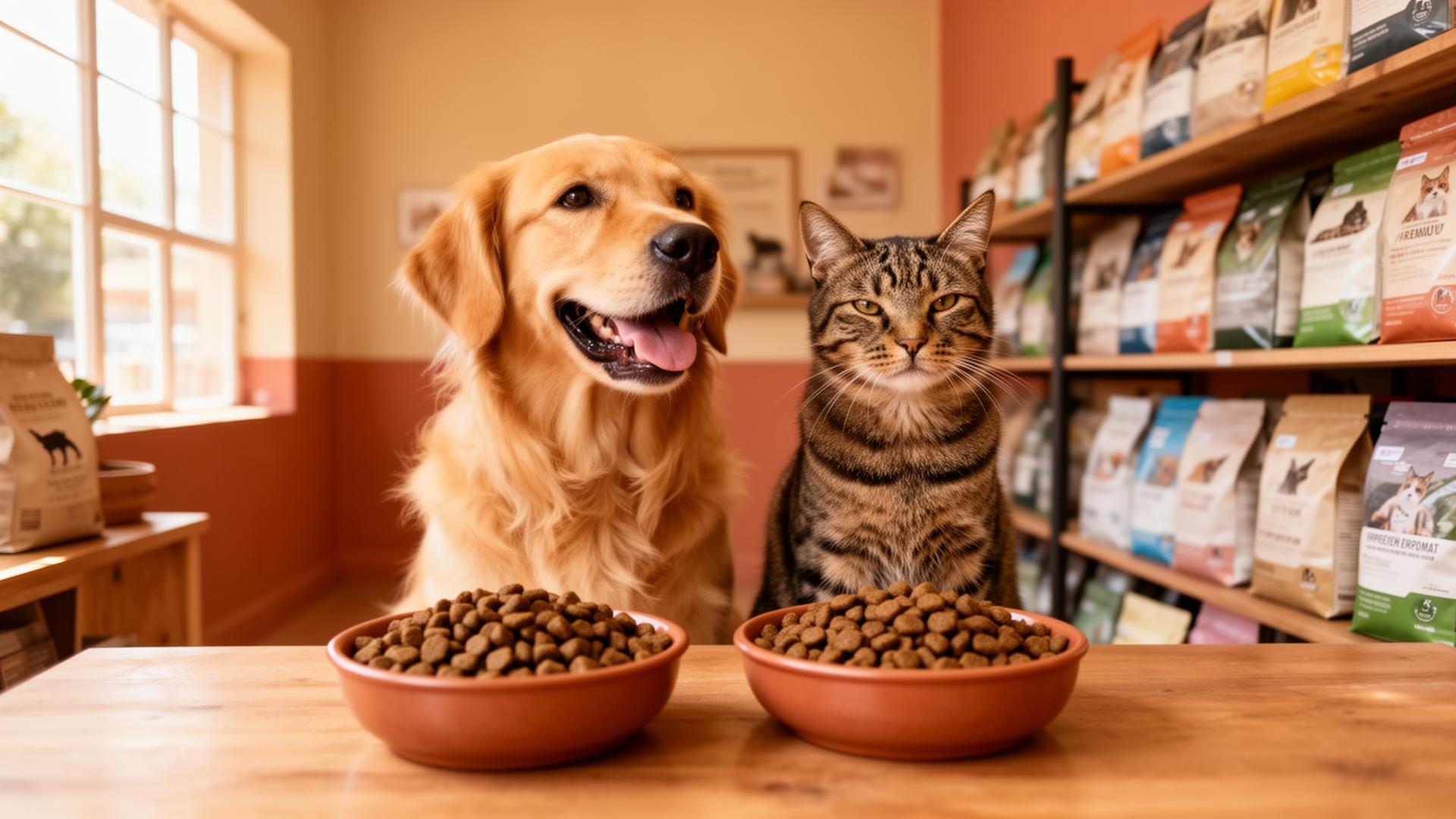 A golden retriever and a tabby cat enjoying bowls of food at Supreme Pet Factory Shop